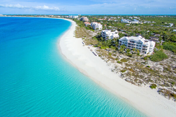 Aerial view of resorts on Grace Bay Beach