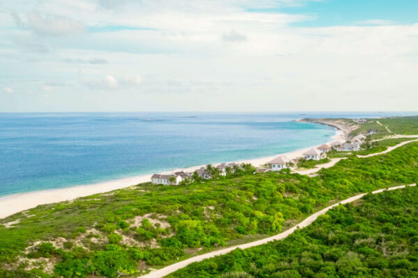 Aerial view of luxury villas on the east coast of Ambergris Cay