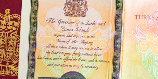The cover and inside leaf of a Turks and Caicos passport