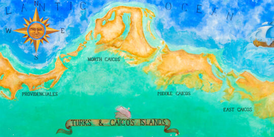 The large wall map of the Turks and Caicos at Ports of Call in Grace Bay