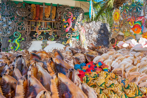 Queen helmet conch shells and crafts for sale at Alverna's Craft Market in Grace Bay