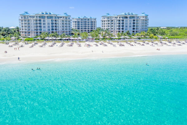 Drone photo of Seven Stars, taken from the oceanside of Grace Bay Beach