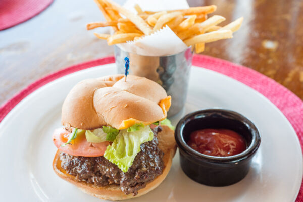 Gourmet hamburger at Las Brisas Restaurant at Chalk Sound on Providenciales