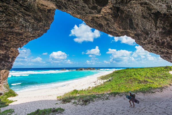 The view of Mudjin Harbour and Dragon Island from the large open gallery cave