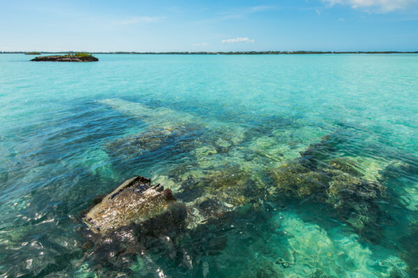 Twin-engine airplane wreck in the shallow waters of Chalk Sound National Park