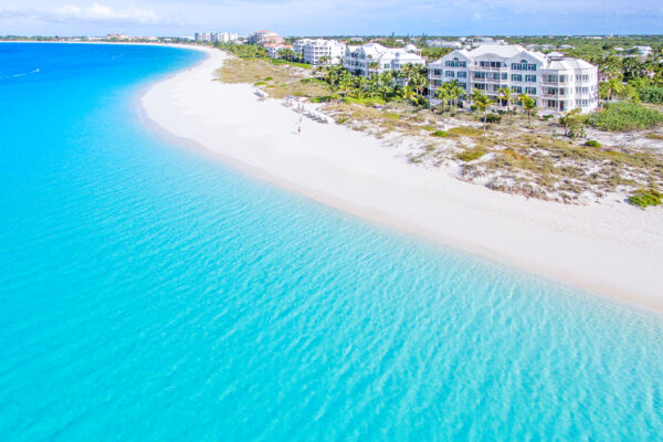 Aerial view of Grace Bay Beach and the Point Grace Resort