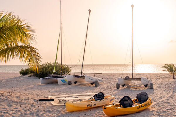 Sailboats and kayaks at Pine Cay